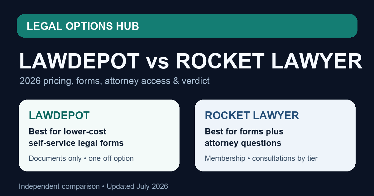 LawDepot vs Rocket Lawyer 2026 comparison showing LawDepot for lower-cost legal forms and Rocket Lawyer for forms plus attorney access